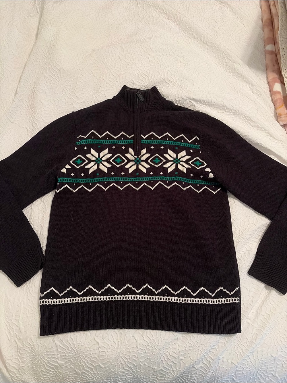 Chaps Black Half-Zip Fair Isle Sweater with White and Green Accents